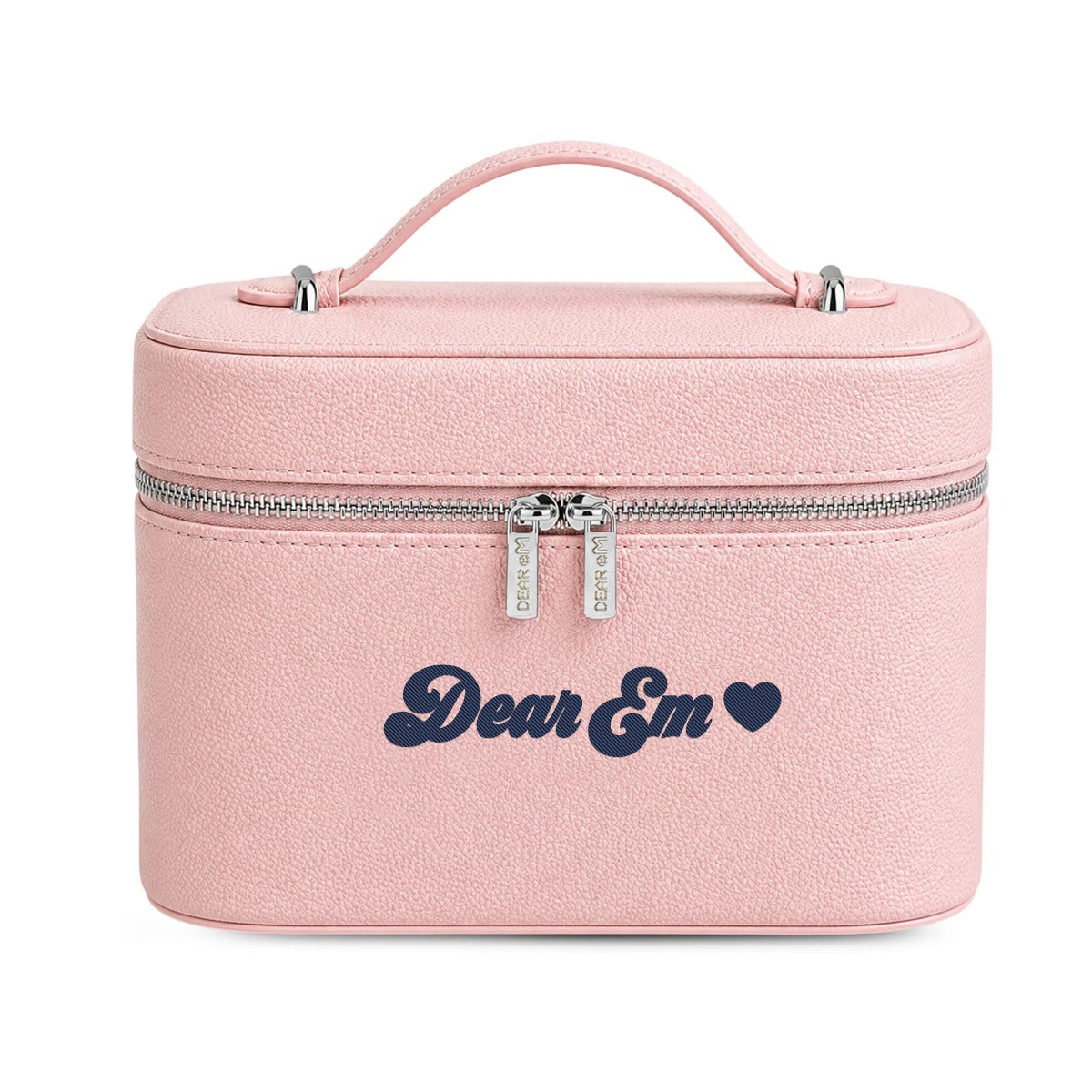 Big Vanity Case hồng nhạt thêu tên Dear Em và icon tim - Dear eM