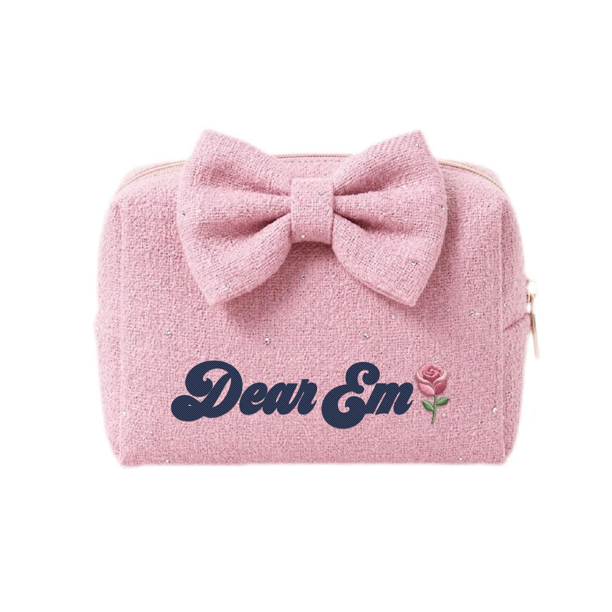Tweed Pouch hồng đậm thêu tên Dear Em và hoa hồng tháng 6, quà sinh nhật cho bạn gái - Dear eM