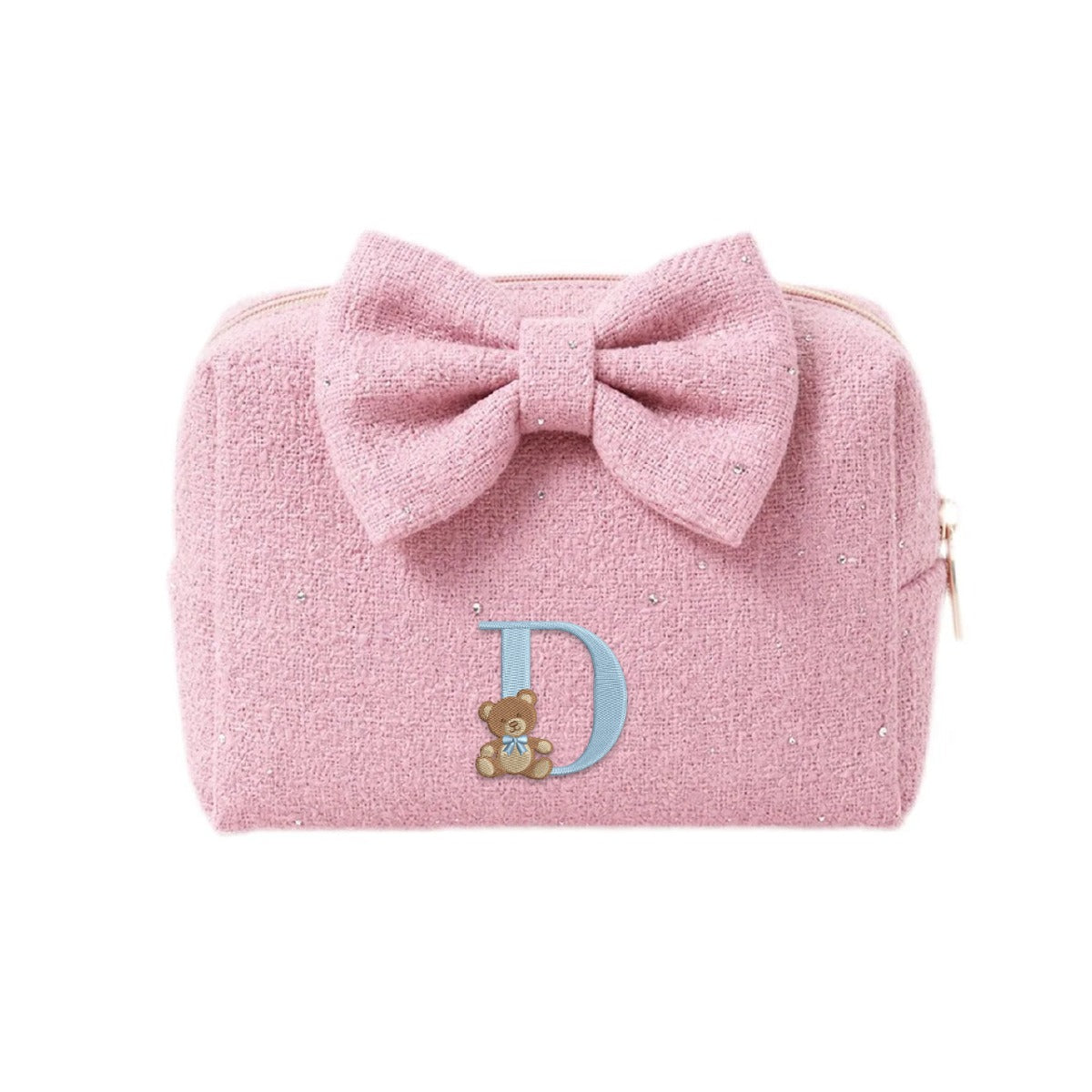 Tweed Pouch hồng đậm thêu gấu Teddy chữ D xanh - Dear eM
