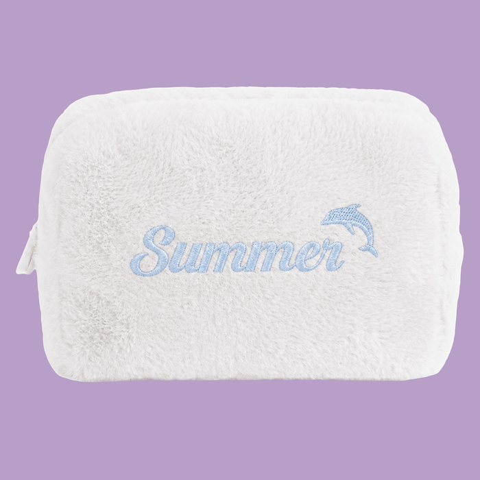 Furry Pouch trắng gạo thêu tên – cách bảo quản túi đựng mỹ phẩm thêu tên – Dear eM