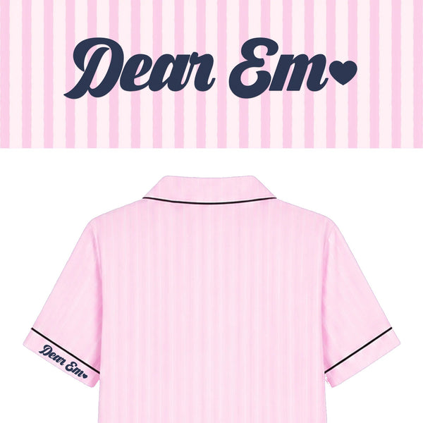 Bộ pyjamas lụa thêu tên và icon trên tay áo – Dear eM