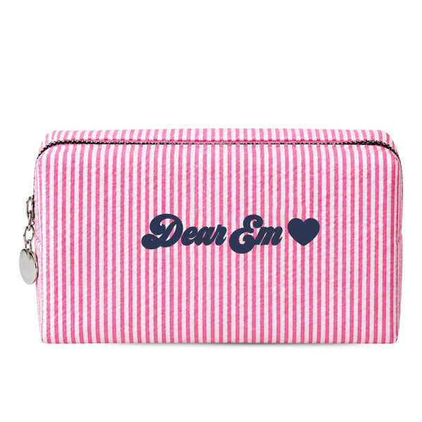 Candy Stripe Pouch hồng thêu tên Dear Em + tim, chỉ xanh navy - Dear eM