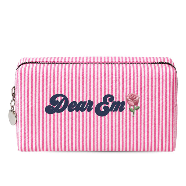 Candy Stripe Pouch hồng thêu tên Dear Em + hoa hồng tháng 6, chỉ xanh navy - Dear eM