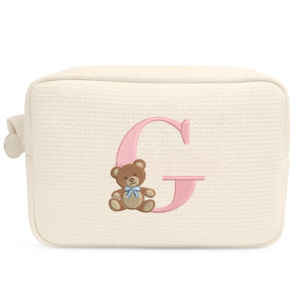Túi Vải Waffle Thêu Gấu Teddy Và Chữ Cái Waffle Pouch – Túi Đựng Mỹ Phẩm Cute, Quà Tặng Cá Nhân Hoá