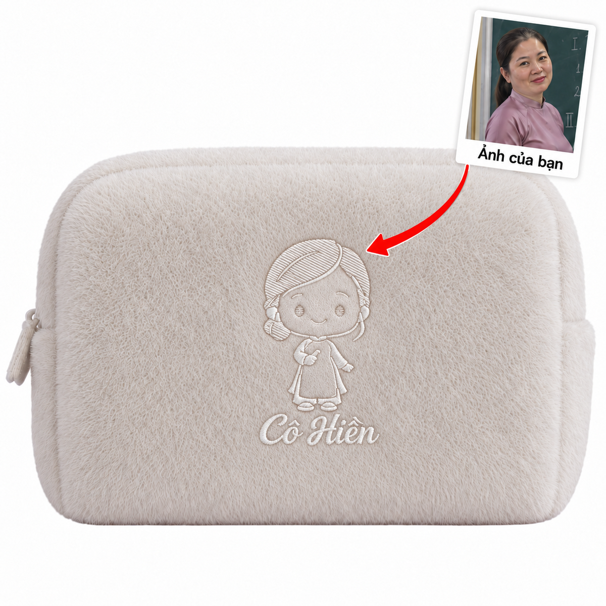 Furry Pouch thêu chân dung cô giáo kèm tên, chỉ thêu tông trùng màu – Dear eM