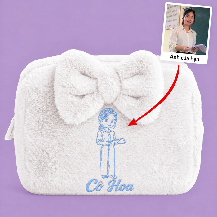Túi lông Furry Pouch có nơ trắng gạo thêu ảnh cô giáo kèm tên – quà 20/11 Dear eM