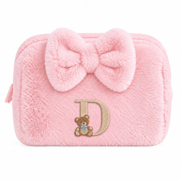 Furry Pouch có nơ hồng nhạt thêu gấu Teddy chữ D – Dear eM