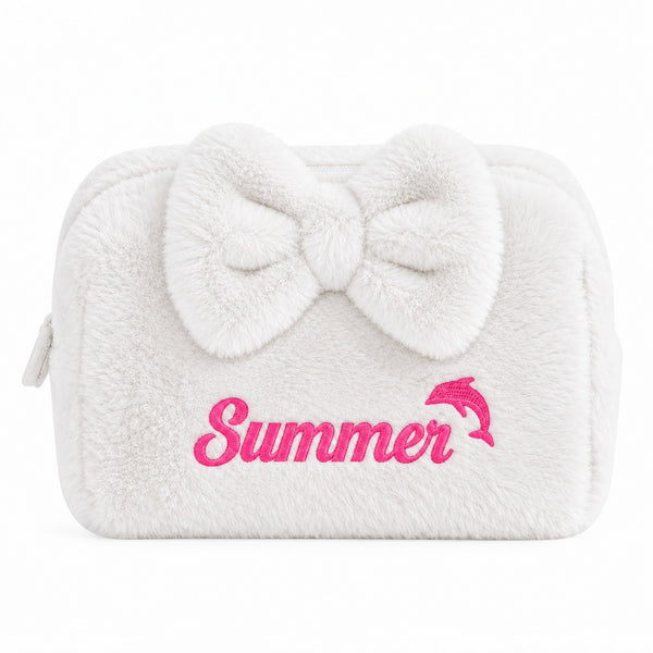 Furry Pouch có nơ trắng gạo thêu tên Summer + cá heo – Dear eM