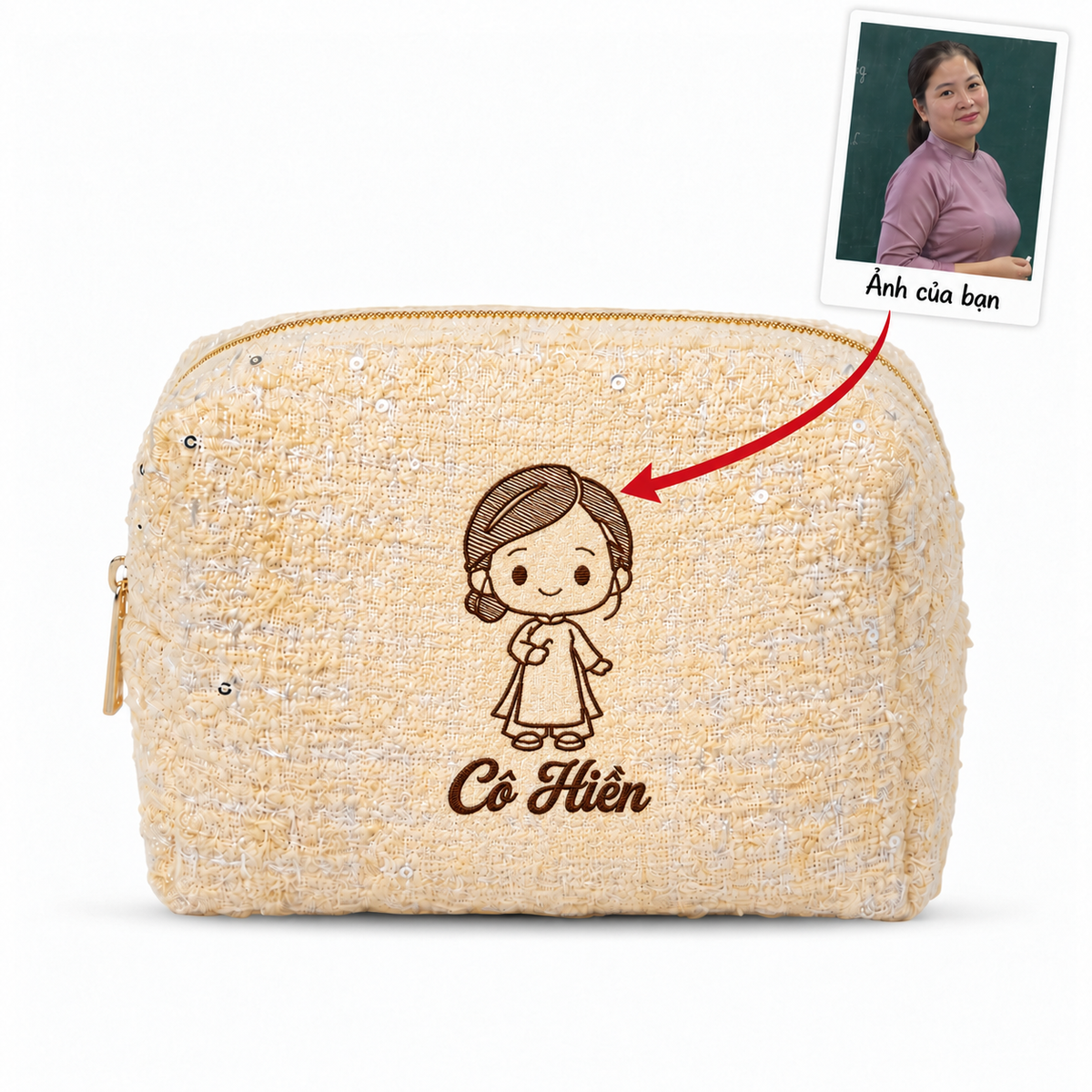 Túi Tweed Pouch không nơ vàng thêu ảnh cô giáo kèm tên – quà 20/11 Dear eM