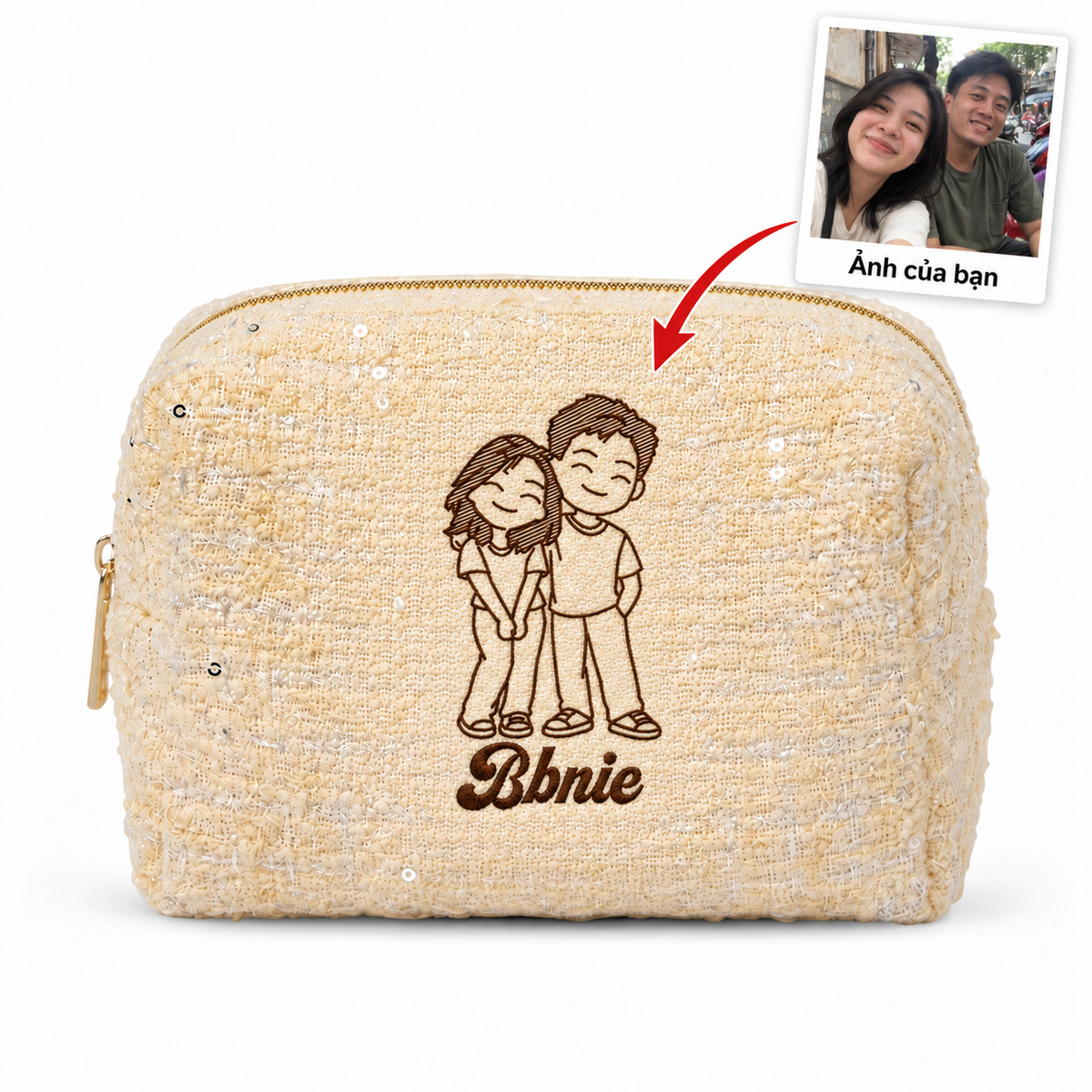 Tweed Pouch không nơ vàng thêu ảnh chân dung vẽ tay và tên – Dear eM