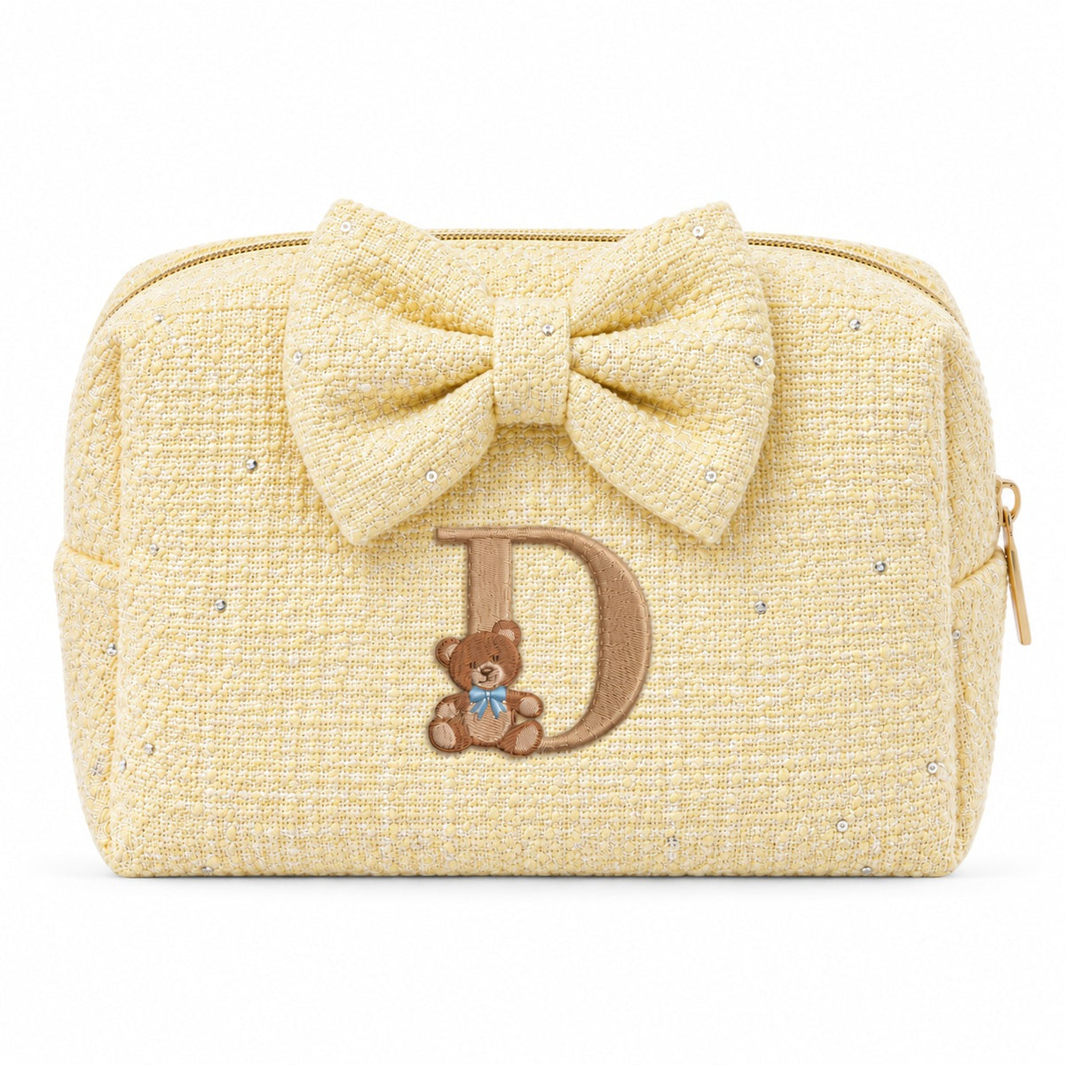 Tweed Pouch có nơ vàng thêu gấu Teddy chữ D – Dear eM