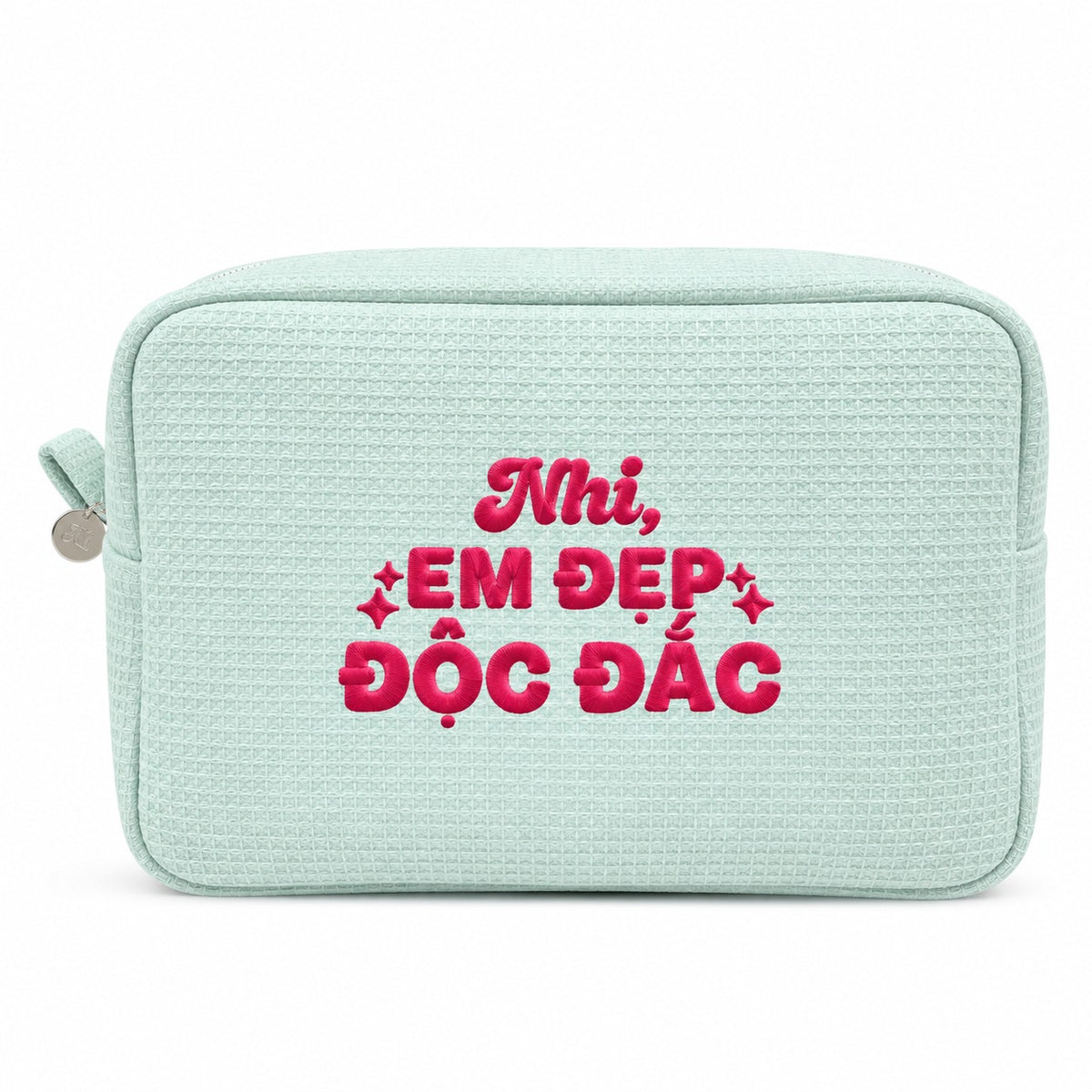 Waffle Pouch Big xanh mint thêu tên và quote Em Đẹp Độc Đắc chỉ hồng đậm – Dear eM