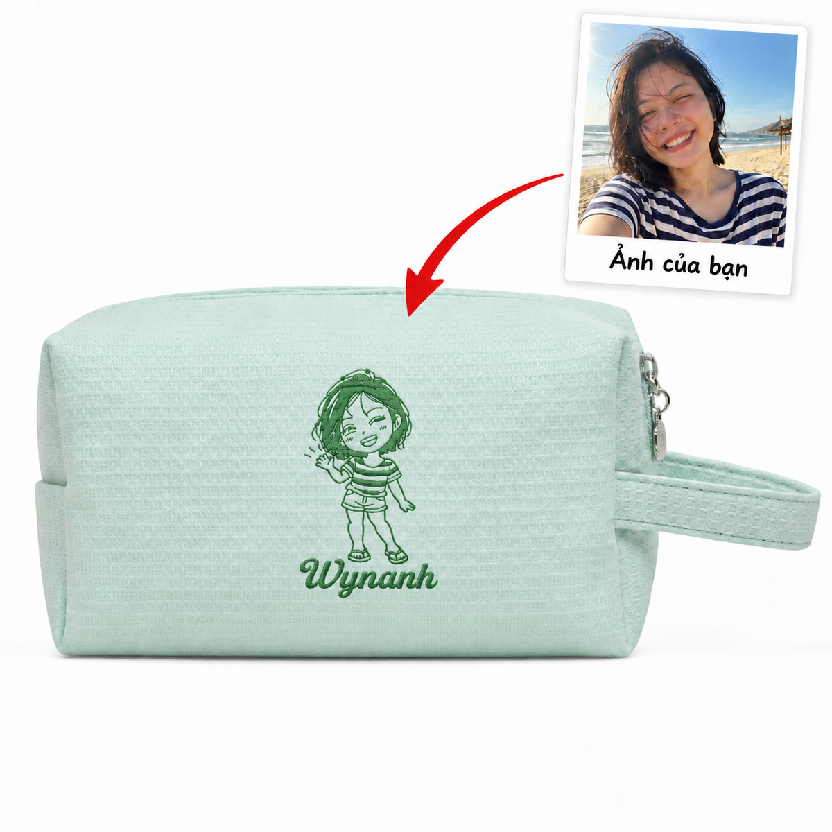 Túi Waffle Pouch Small xanh mint thêu ảnh chân dung vẽ tay và tên – Dear eM