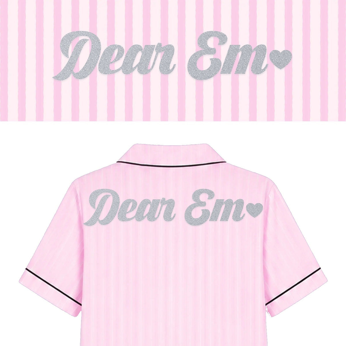 Bộ pyjamas lụa in tên và icon bạc kim tuyến sau lưng, quà bridesmaid - Dear eM