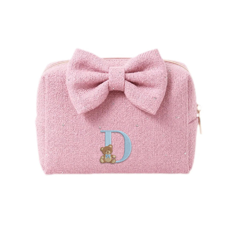 Tweed Pouch hồng đậm thêu gấu Teddy chữ D xanh - Dear eM