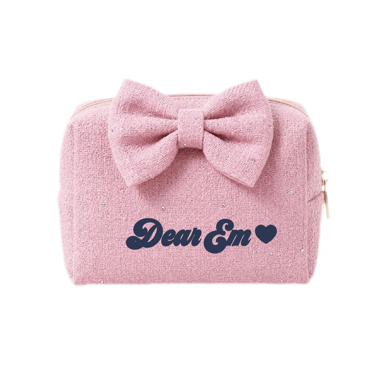 Tweed Pouch hồng đậm có nơ thêu tên và tim, quà 20/11 tặng cô giáo - Dear eM