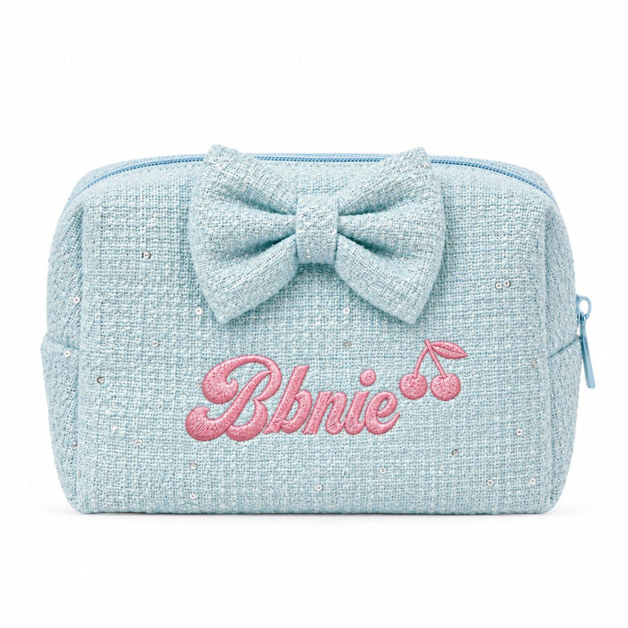 Tweed pouch embroidered with a name and cherry icon, made to order in Da Nang near Hoi An - Dear eM