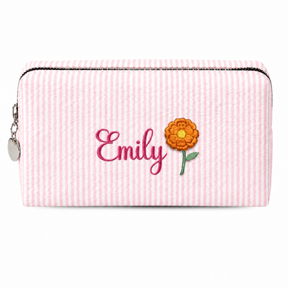 Candy Stripe Pouch with Birth Flower and Name Embroidery – Personalized Birthday Gift for Her