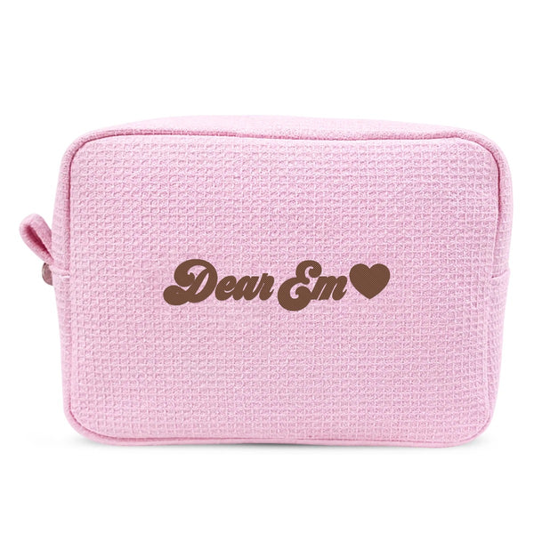 Waffle Pouch hồng sáng thêu tên Dear Em + tim, chỉ nâu đậm - Dear eM