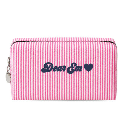 Candy Stripe Pouch hồng thêu tên Dear Em + tim, chỉ xanh navy - Dear eM