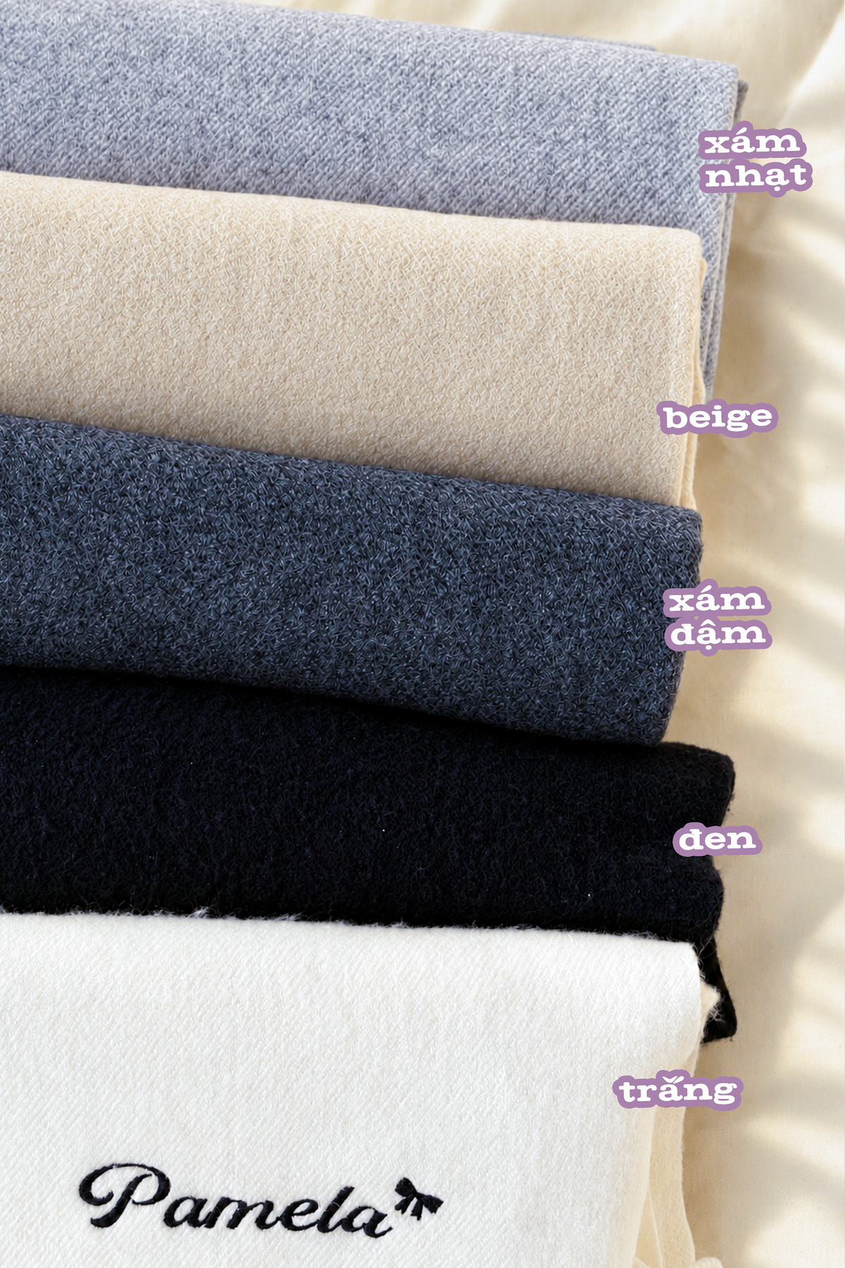 Fringe Scarf 5 màu: xám nhạt, beige, xám đậm, đen, trắng – khăn choàng thêu tên Dear eM