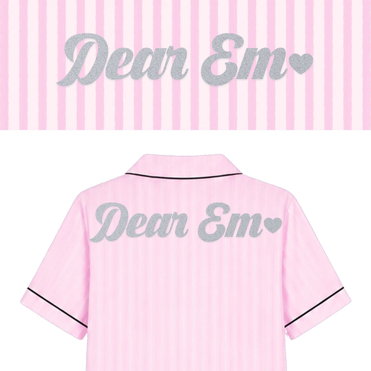 Bộ pyjamas lụa in tên và icon bạc kim tuyến sau lưng – Dear eM