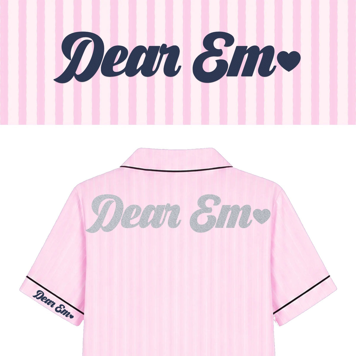 Bộ pyjamas lụa thêu tên tay áo và in tên bạc kim tuyến sau lưng – Dear eM