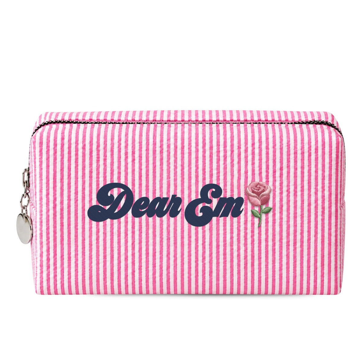 Candy Stripe Pouch hồng thêu tên Dear Em + hoa hồng tháng 6, chỉ xanh navy - Dear eM