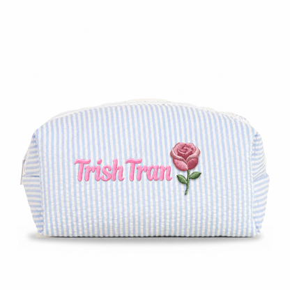 Candy Stripe Pouch with Birth Flower and Name Embroidery – Personalized Birthday Gift for Her