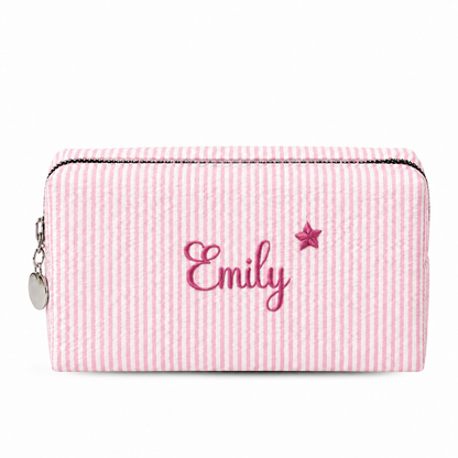 Candy Stripe Pouch Name-Embroidered Striped Cosmetic Bag – Regular and Quilted, 8 Colours