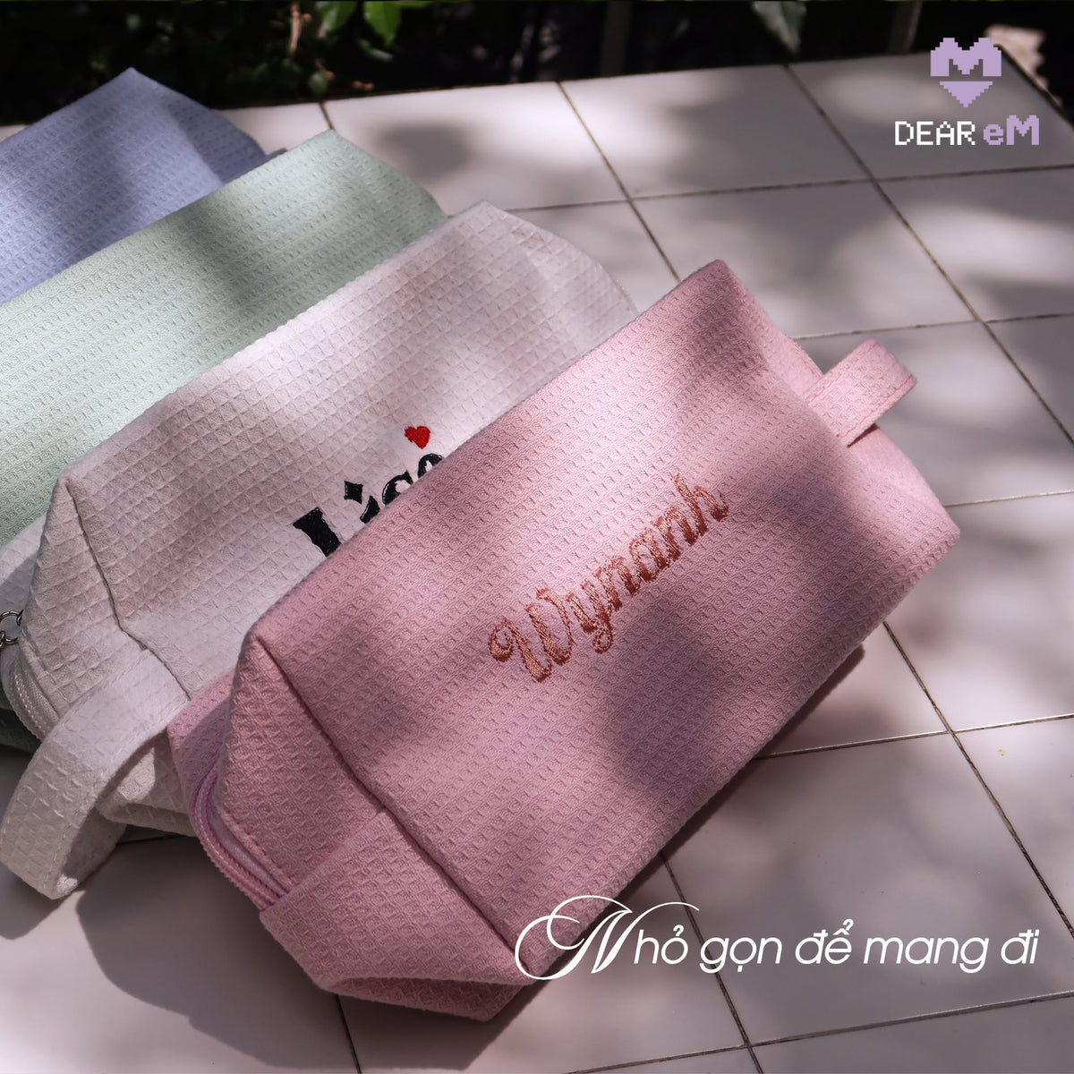 Túi Vải Waffle Đựng Mỹ Phẩm Thêu Tên Waffle Pouch – 2 Size Small Và Big, Màu Pastel