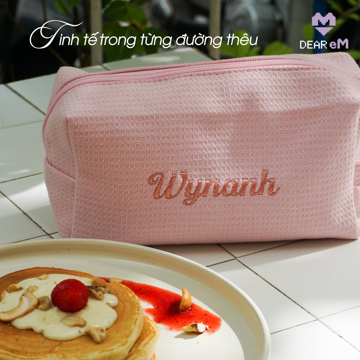 Túi Vải Waffle Đựng Mỹ Phẩm Thêu Tên Waffle Pouch – 2 Size Small Và Big, Màu Pastel