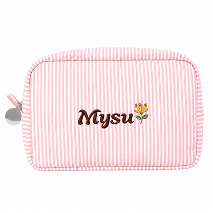 Candy Stripe Pouch with Birth Flower and Name Embroidery – Personalized Birthday Gift for Her