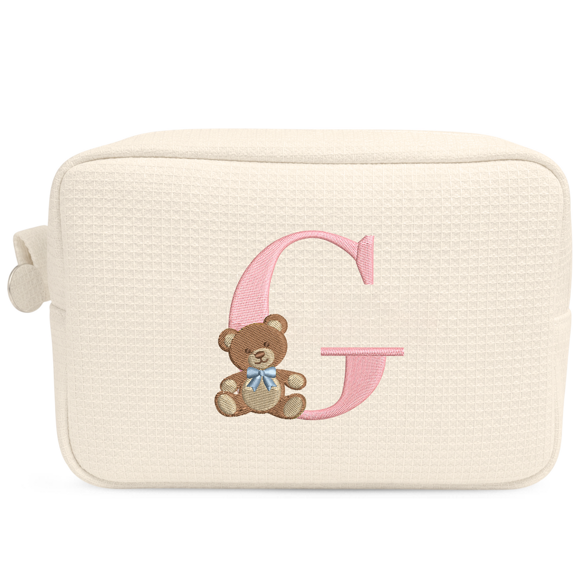 Túi Vải Waffle Thêu Gấu Teddy Và Chữ Cái Waffle Pouch – Túi Đựng Mỹ Phẩm Cute, Quà Tặng Cá Nhân Hoá