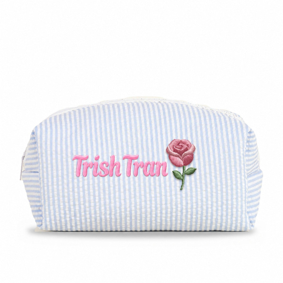 Candy Stripe Pouch Small chần bông xanh dương sáng thêu tên Trish Tran + hoa hồng tháng 6 - Dear eM