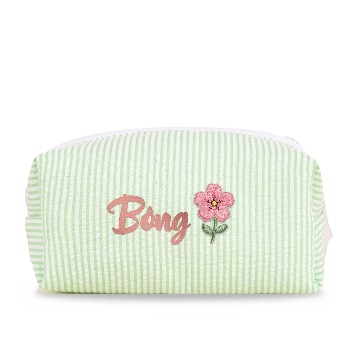 Candy Stripe Pouch Small chần bông xanh lá thêu tên Bông + hoa anh đào tháng 3 - Dear eM