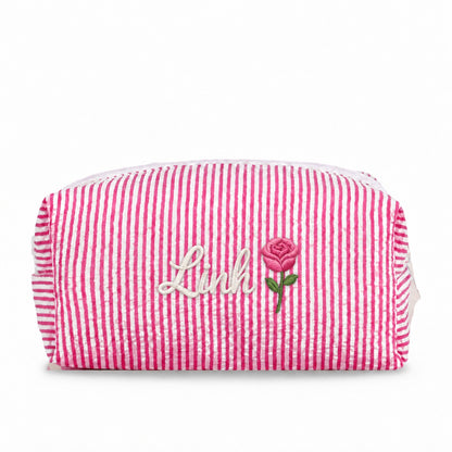 Candy Stripe Pouch Small chần bông hồng đậm thêu tên Linh + hoa hồng tháng 6 - Dear eM