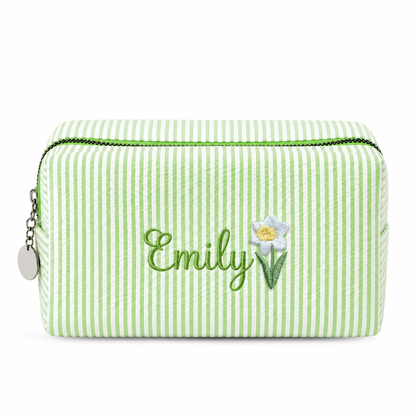 Candy Stripe Pouch with Birth Flower and Name Embroidery – Personalized Birthday Gift for Her