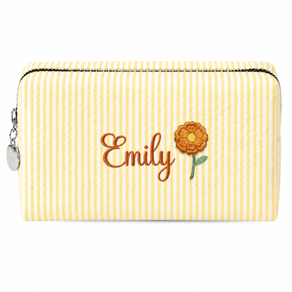 Candy Stripe Pouch with Birth Flower and Name Embroidery – Personalized Birthday Gift for Her