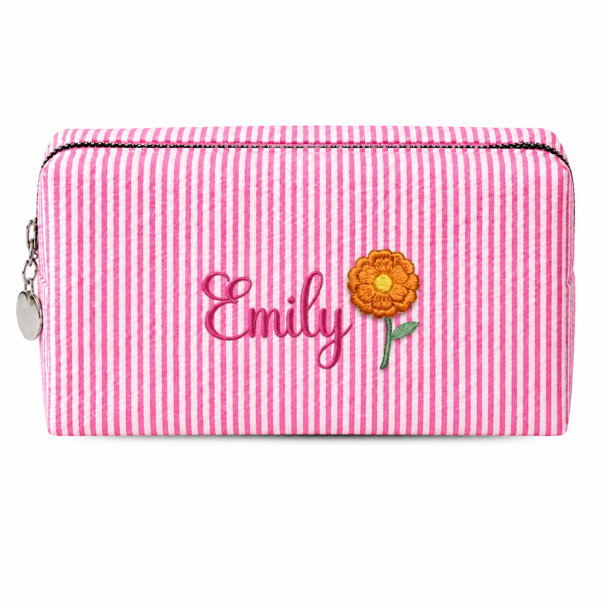 Candy Stripe Pouch with Birth Flower and Name Embroidery – Personalized Birthday Gift for Her