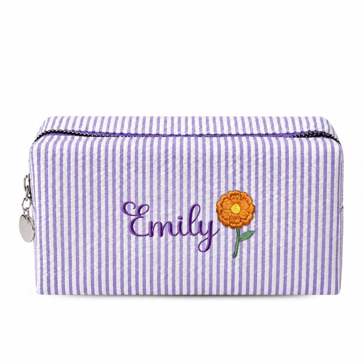 Candy Stripe Pouch with Birth Flower and Name Embroidery – Personalized Birthday Gift for Her