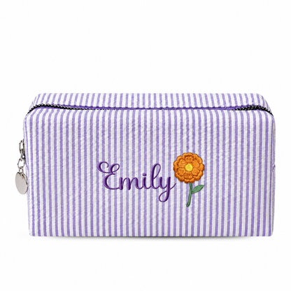 Candy Stripe Pouch with Birth Flower and Name Embroidery – Personalized Birthday Gift for Her