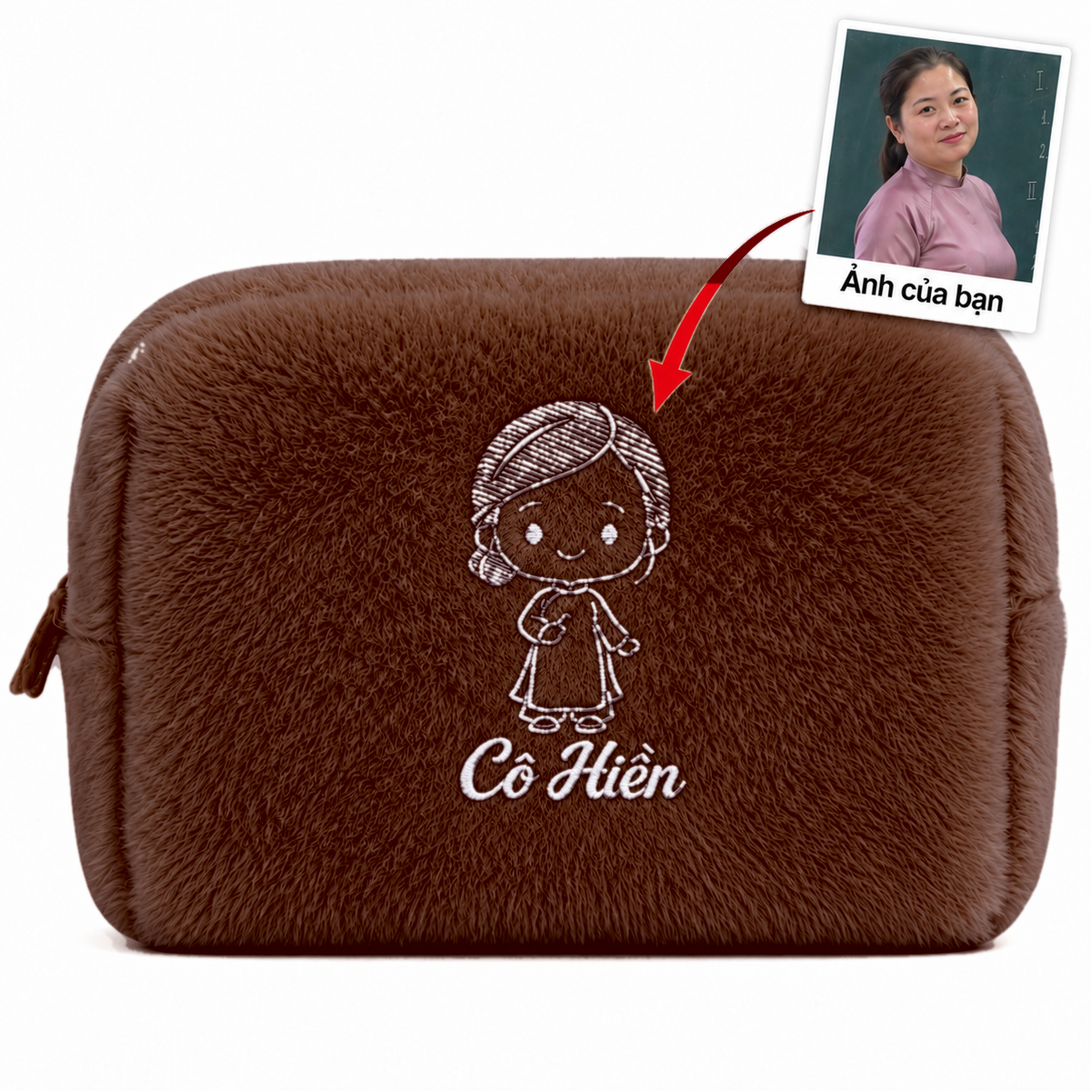 Túi lông Furry Pouch không nơ nâu đậm thêu ảnh cô giáo kèm tên – quà 20/11 Dear eM