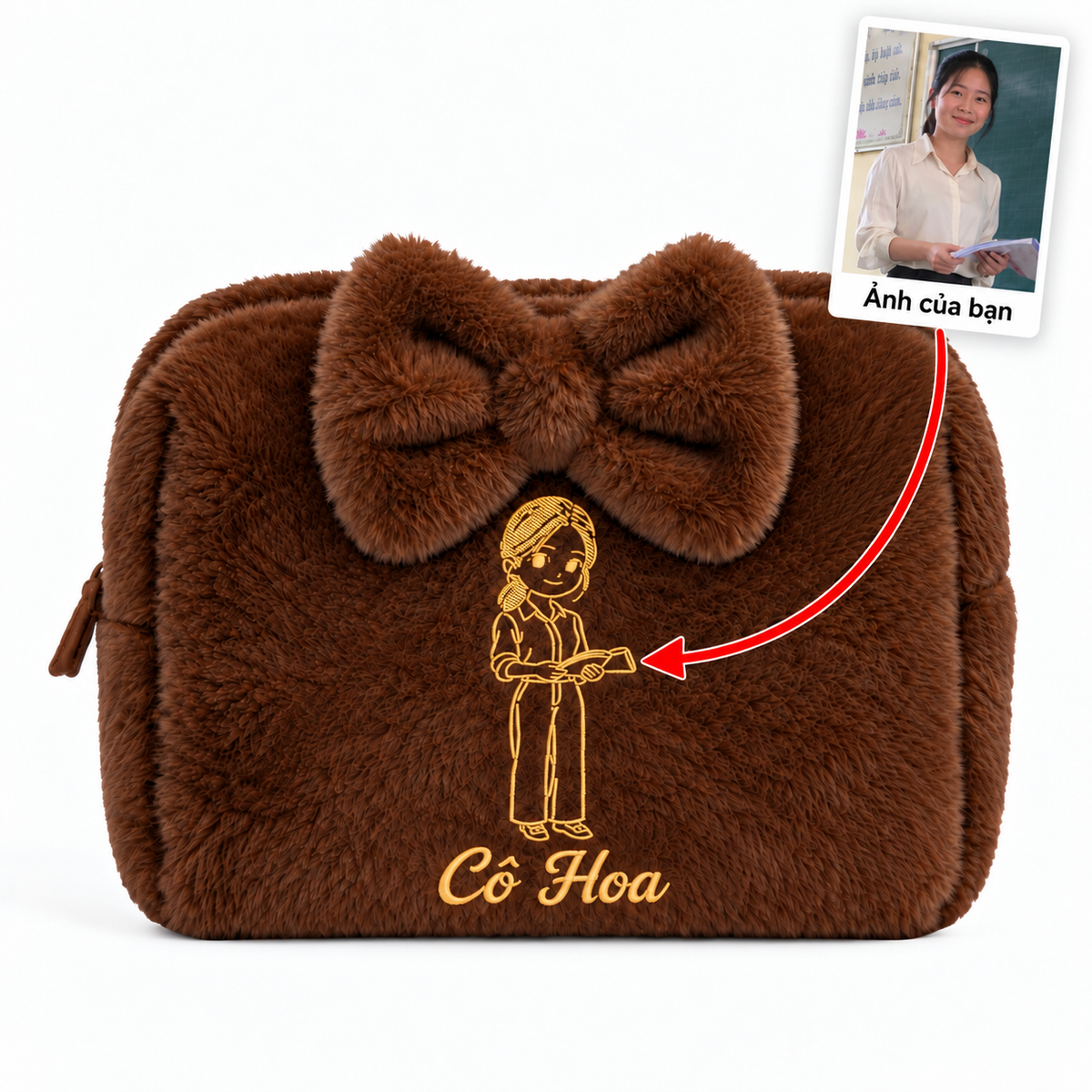 Túi lông Furry Pouch có nơ nâu đậm thêu ảnh cô giáo kèm tên – quà 20/11 Dear eM