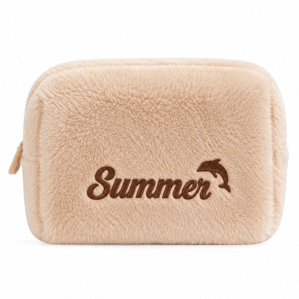 Furry Pouch không nơ nâu nhạt be thêu tên Summer + cá heo – Dear eM