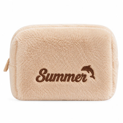 Furry Pouch không nơ nâu nhạt be thêu tên Summer + cá heo – Dear eM