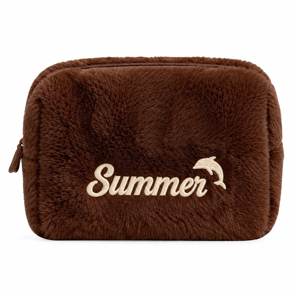 Furry Pouch không nơ nâu đậm thêu tên Summer + cá heo – Dear eM
