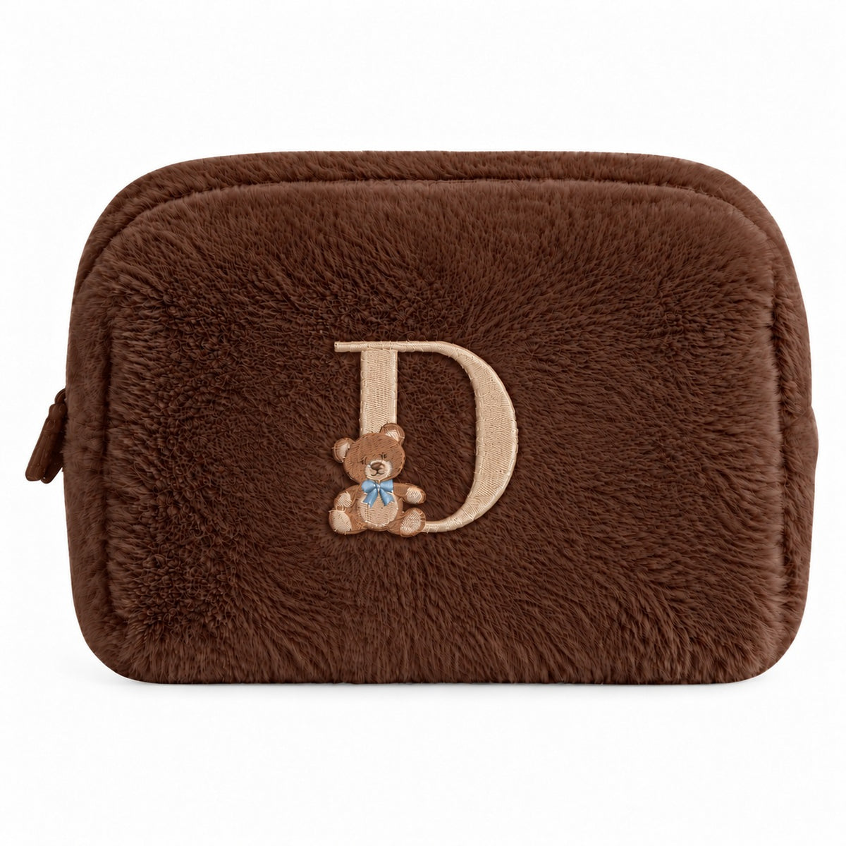 Furry Pouch không nơ nâu đậm thêu gấu Teddy chữ D – Dear eM