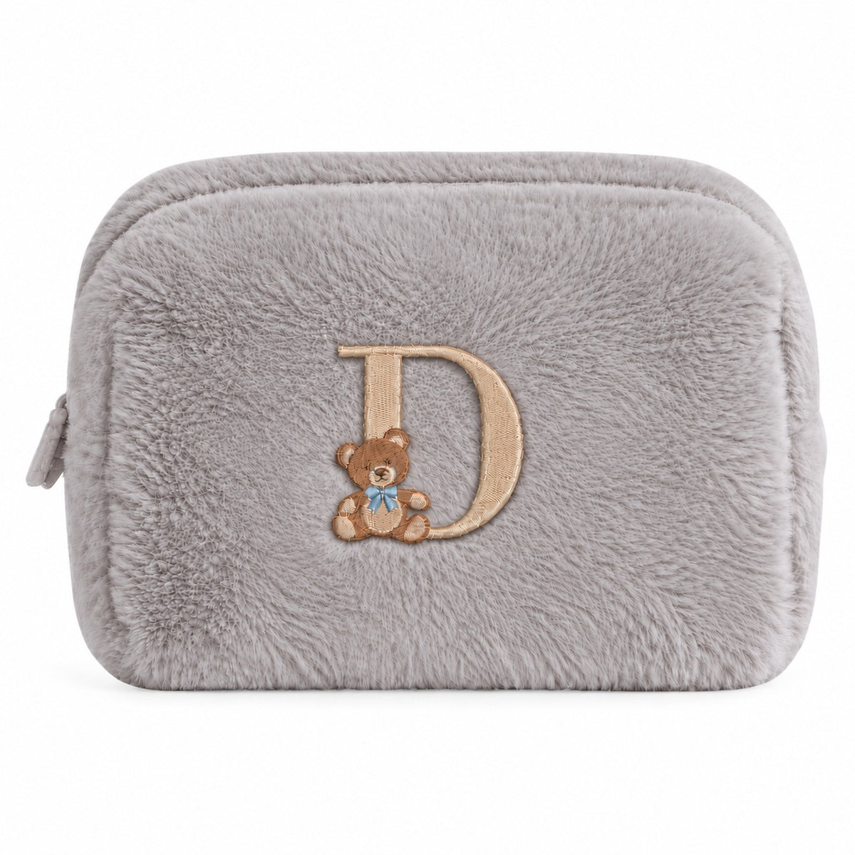 Furry Pouch không nơ xám lông chuột thêu gấu Teddy chữ D – Dear eM