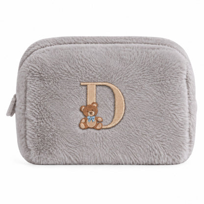 Furry Pouch không nơ xám lông chuột thêu gấu Teddy chữ D – Dear eM